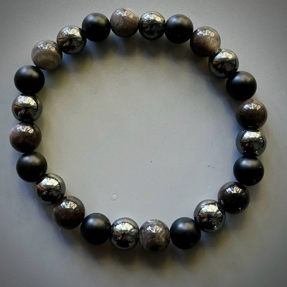 Matte Onyx, Silver Obsidian and Black Hematite Handcrafted Bead Bracelet